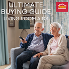 Text reads 'Ultimate Buying Guide for 2024 - Living Room Aids' above an elderly couple sat in their living room