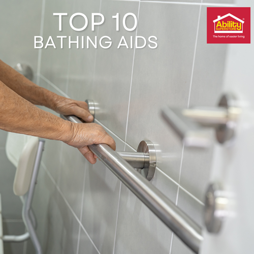 Hand gripping grab bar with text above reading 'Top 10 Bathing Aids'