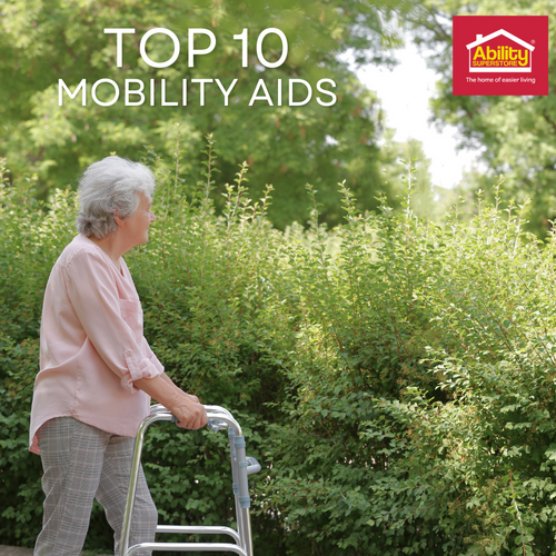 Woman using walking frame with the text 'Top 10 Mobility Aids' appearing above her