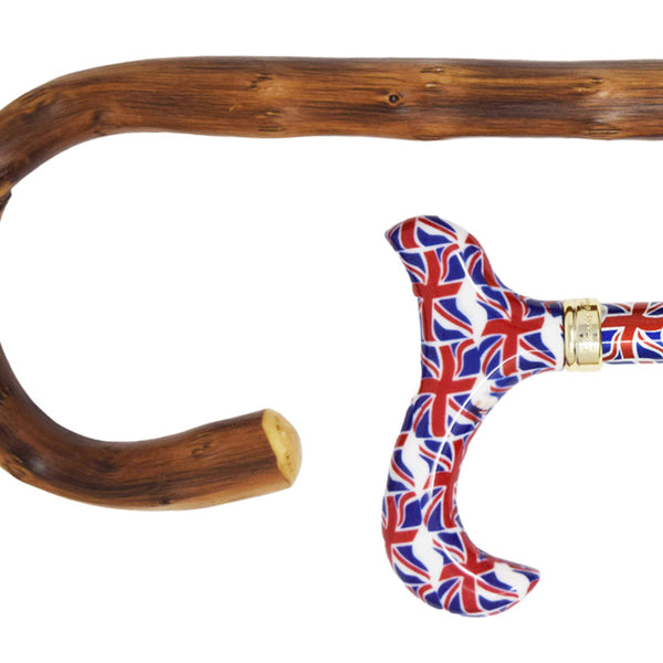 A close-up of a classic, wooden walking stick alongside a funky, modern one that is covered with Union Jacks