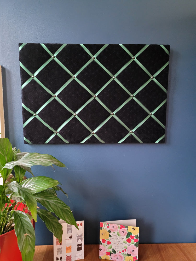 Fabric Notice Board - Black Velvet Green Ribbon