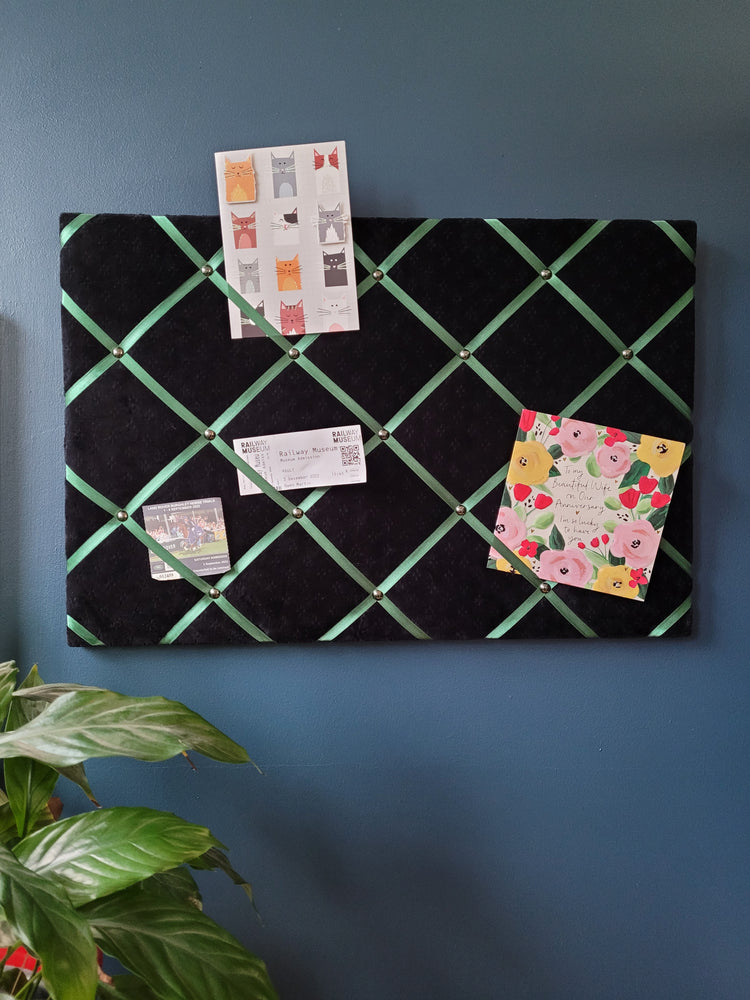 Fabric Notice Board - Black Velvet Green Ribbon