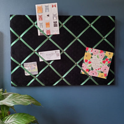 Fabric Notice Board - Black Velvet Green Ribbon