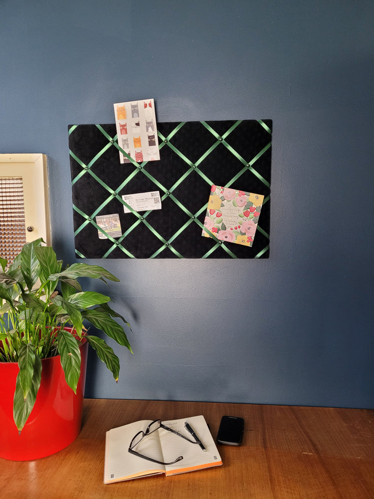 Fabric Notice Board - Black Velvet Green Ribbon