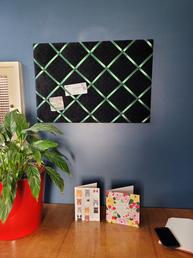 Fabric Notice Board - Black Velvet Green Ribbon