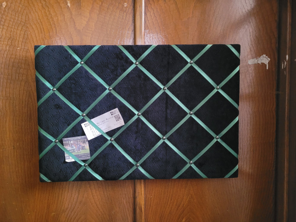 Fabric Notice Board - Black Velvet Green Ribbon