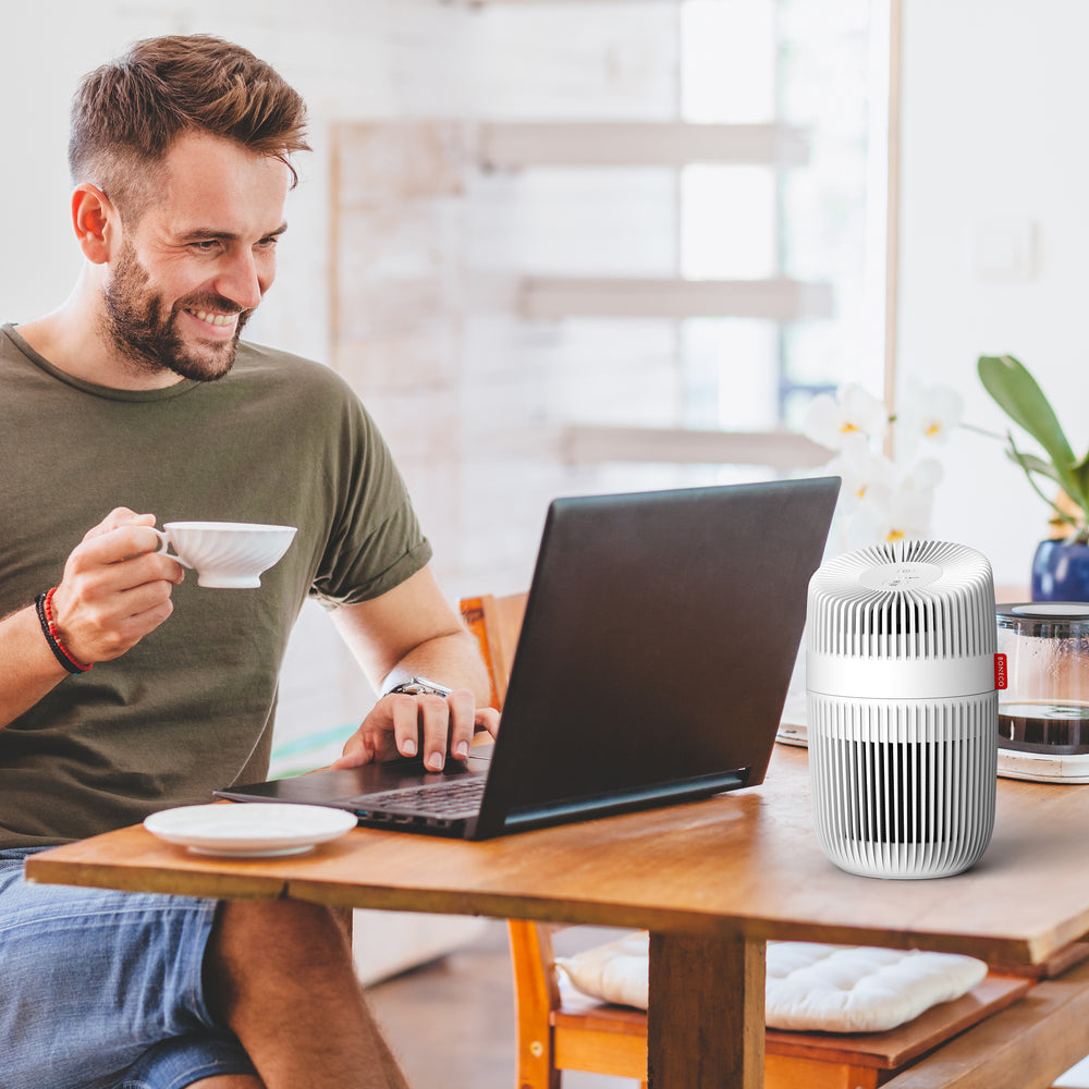 Boneco P130 Compact Air Purifier being used on desk