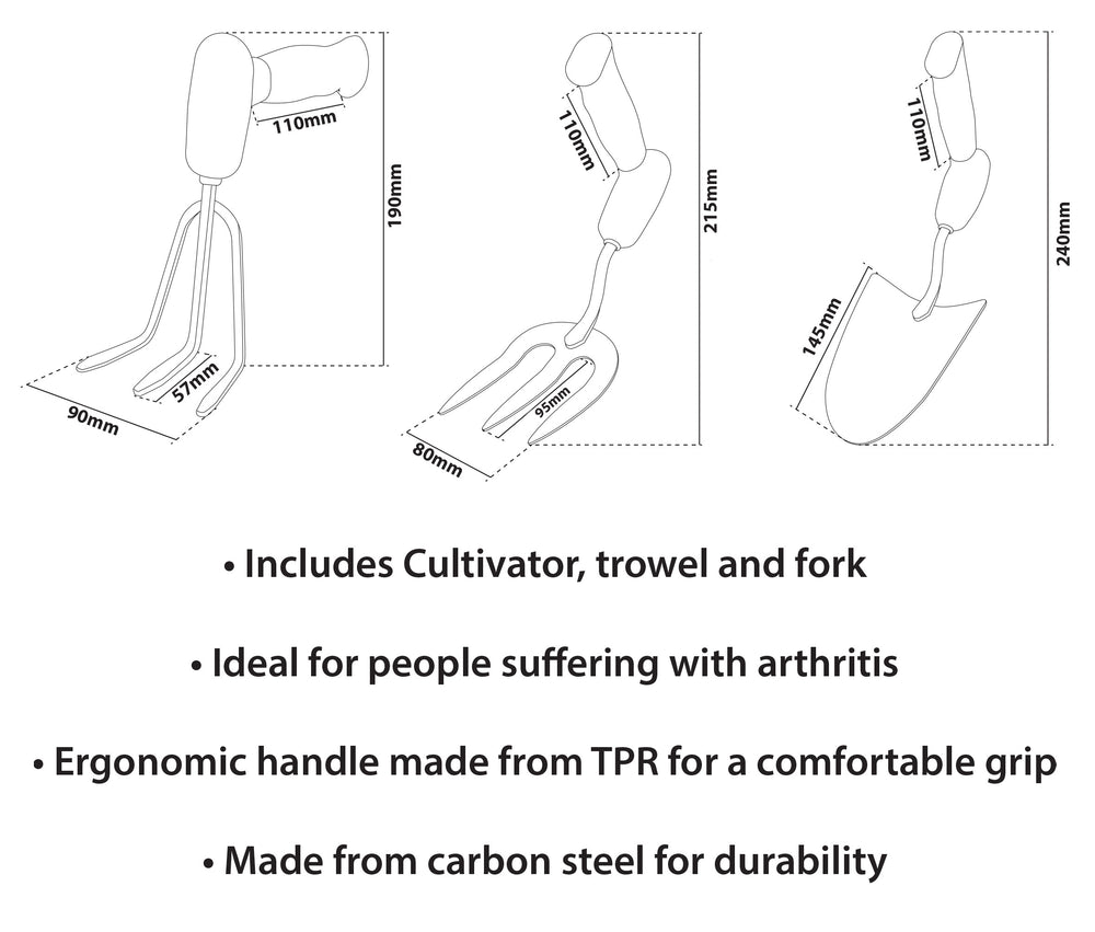 3 Piece Ergonomic Handled Gardening Set dimensions