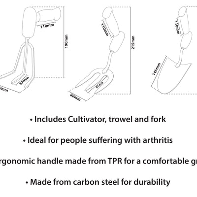 3 Piece Ergonomic Handled Gardening Set dimensions