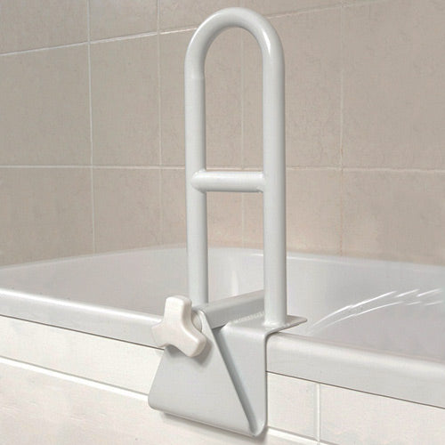 shows bathroom safety rail affixed to side of bathtub