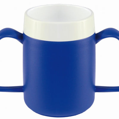 A close up of the blue Ornamin Two Handled Thermal Mug with Internal Cone